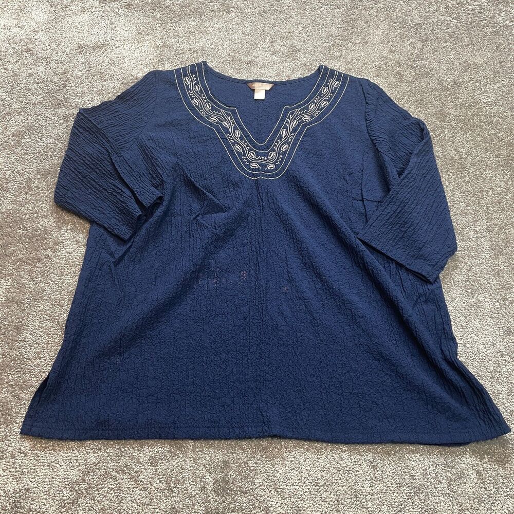 White Stag Blouse Shirt Womens 2X 18W-20W Blue Solid Top Split Neck Soft Rayon